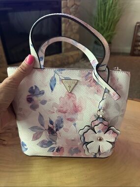 GUESS Floral Mini Tote in White with Pink and Blue Accents